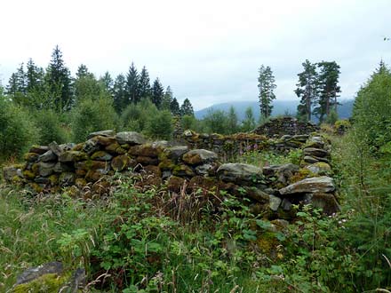 ruïnes van Sallochy met daarachter Loch Lomond